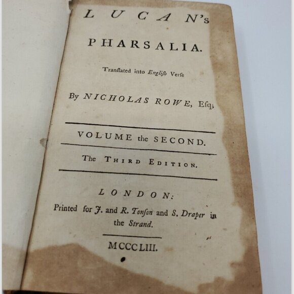 Antique 1753 Lucan's Pharsalia Nicholas Rowe 2nd Volume 3rd Edition 6th Book - Picture 1 of 4
